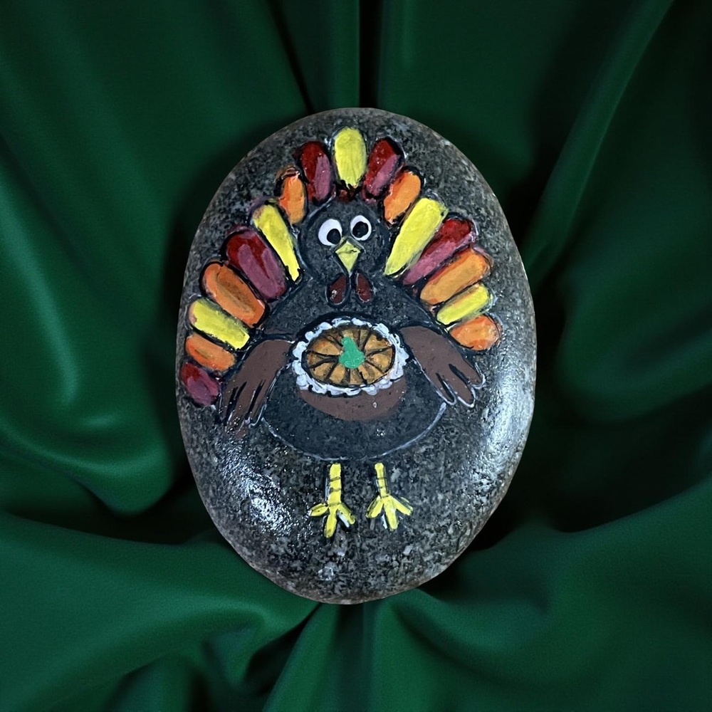 Hand crafted painted Thanksgiving turkey pumpkin pie rock natural stone orange - Picture 6 of 12